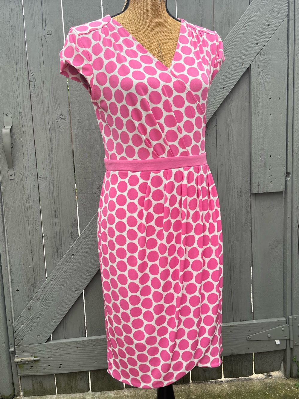 New York & Company Polka Dot Faux Wrap Midi Dress Pink White Size Medium